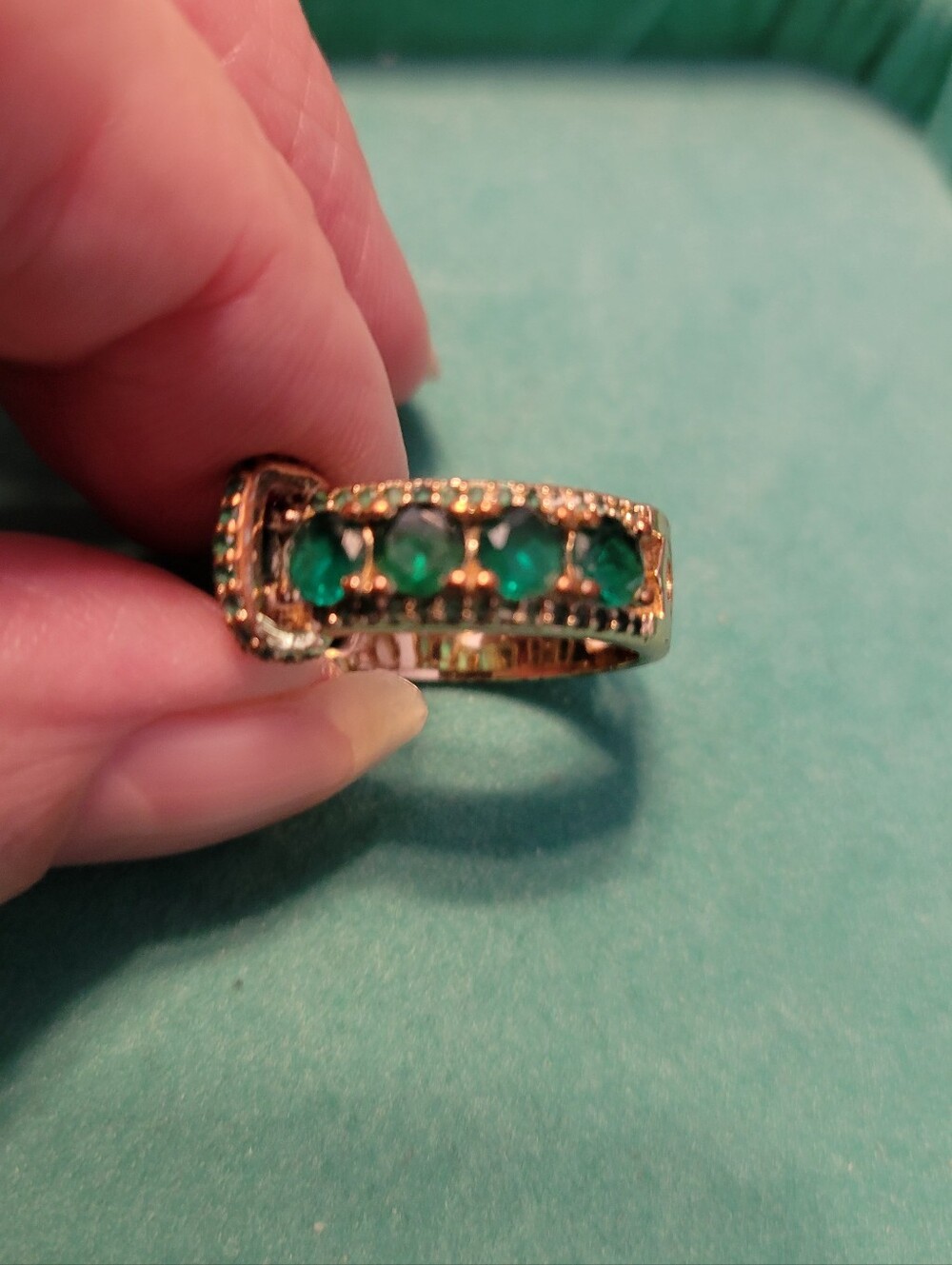 Gold Tone Emerald-Color Band Ring with Round Gem Accents